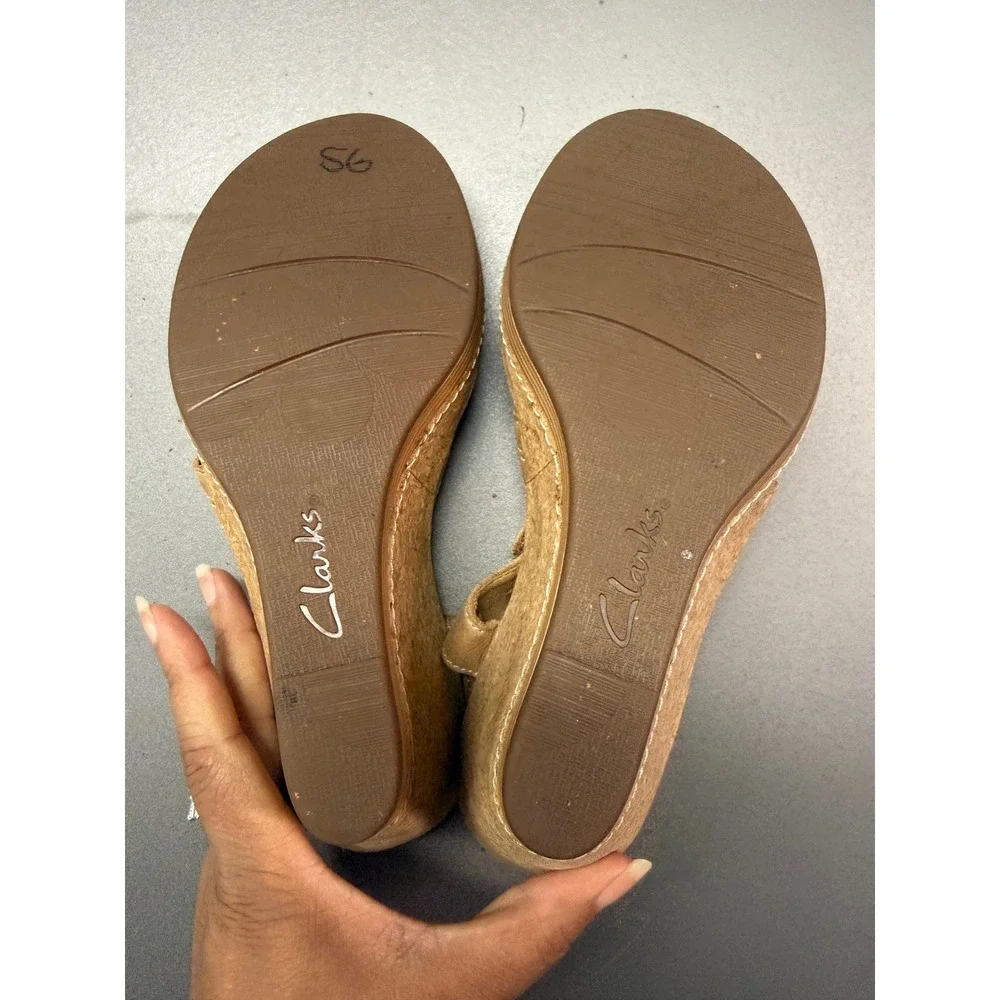 Clarks Women Tan Leather Strappy Cork Wedge Sandals 8M 65590